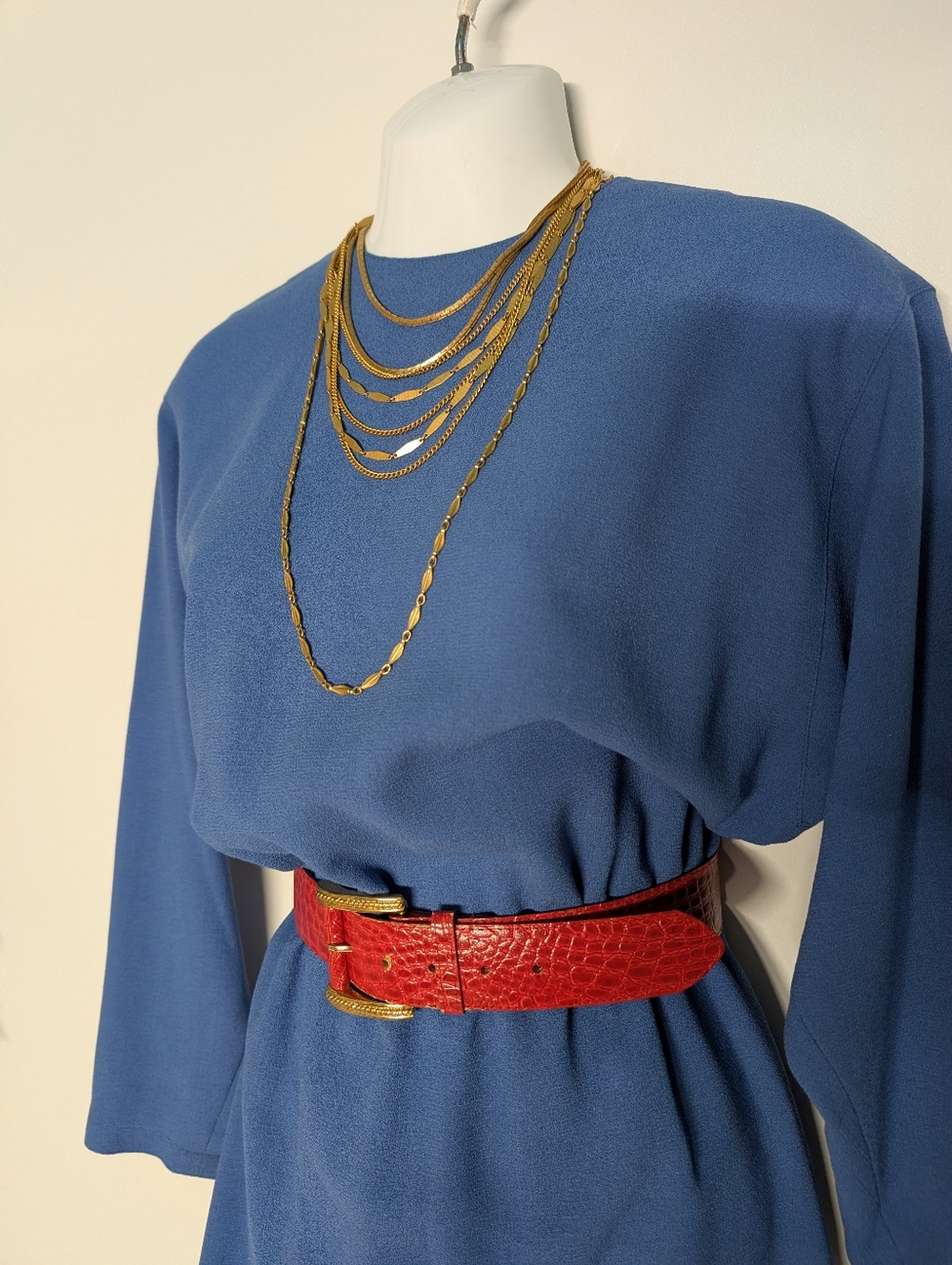 Elegant Blue Long-Sleeve Handmade Sapphire Vintage Bat Wing Pencil Dress Classic - Picture 3 of 13